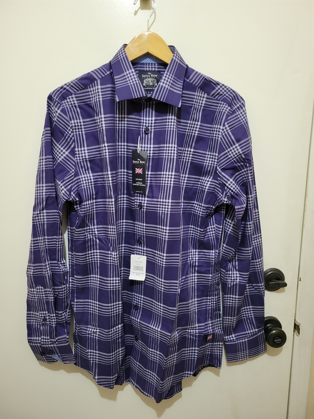 Savile Row Blue & White Non-Iron Plaid Dress Shirt - Slim Fit 15.5 34/35